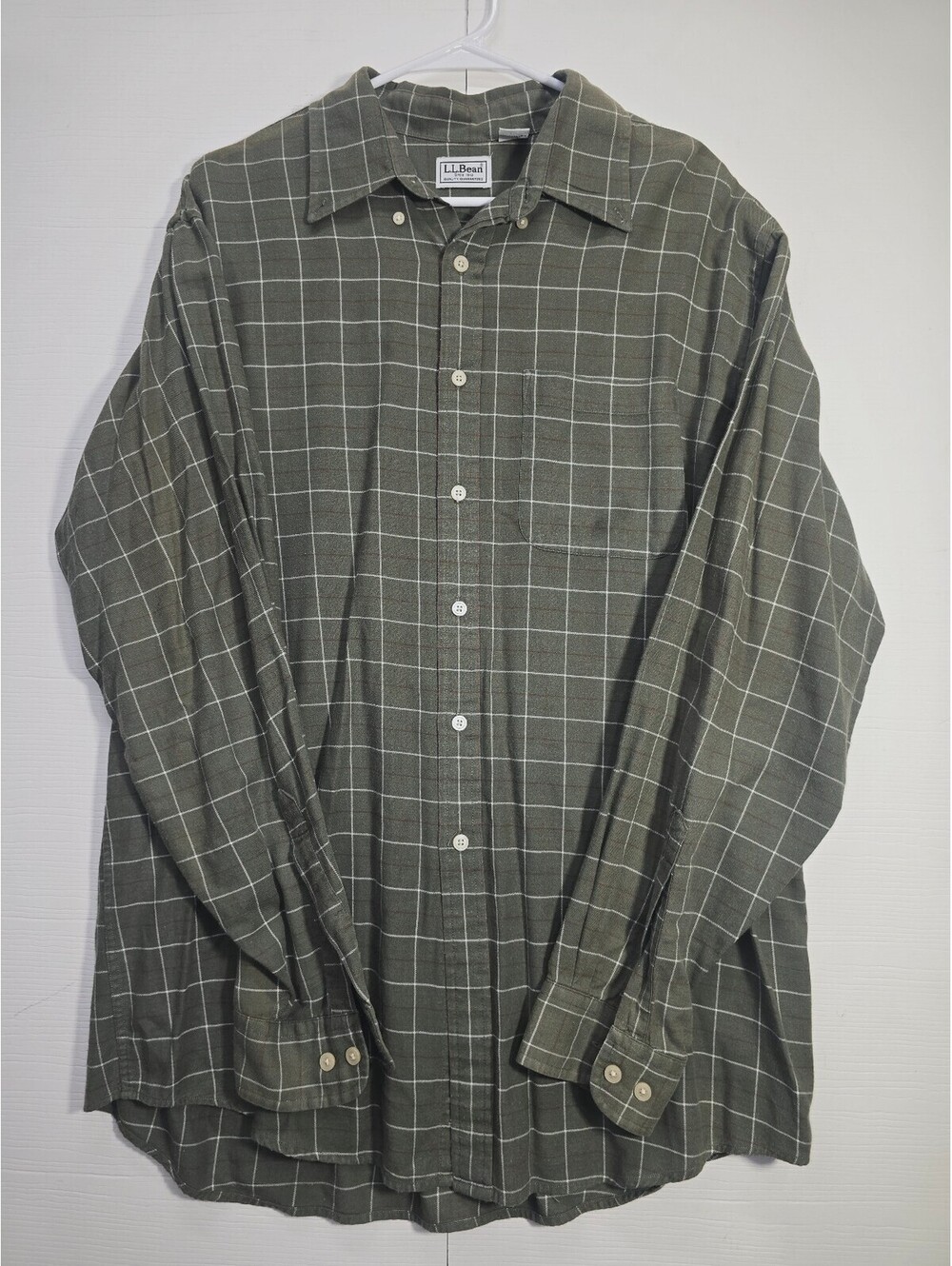 Vintage LL Bean Mens Large Reg Olive Green Cotton Wool Plaid Shirt Hong Kong
